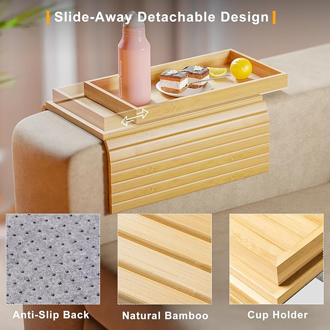 Bamboo Sofa Armrest Tray Table for Couch - 2-in-1 Couch Arm Table with Be Slide Detachable Tray- Anti-Slip Foldable Sofa Armchair Caddy for Drinks Cellphone TV Remote Snacks (Bamboo)