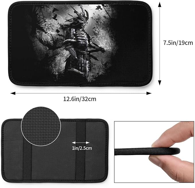 DORKEIXIA Japanese Black Samurai Night Line Art Auto Center Console Armrest Pad Universal Car Center Console Cover Seat Box Cover for Sedan, Van, SUV, Truck Car Accessorie