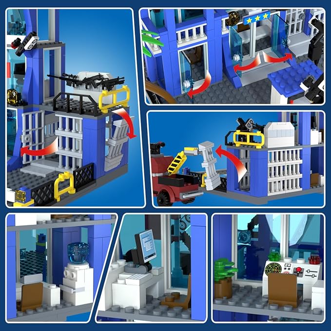 HOGOKIDS City Police Station Building Toys with LED Light - 734pcs Police Building Block Sets with Helicopter Police Motorcycle Vehicle Armored Car, Police Playset Gift for Kids Boys Girls Age 8-12+