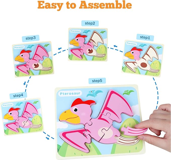 SYNARRY 6 Pack Dinosaur Wooden Puzzles for Kids 3-5, Wooden Puzzles for Toddlers, Dinosaur Puzzles for Toddlers 3 4 5 Year Old, 3D Dinosaur Puzzles Educational Preschool Toys for Boys and Girls