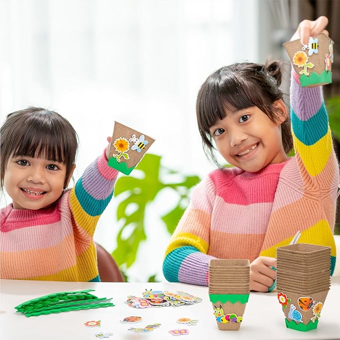 Ayfjovs Garden Paper Pot Craft Kit, 30 Pack Square Paper Peat Pots with 120 PCS Adhesive Foam Stickers and 30 PCS Plastic Plant Labels for Kids Science, Classroom Decoration