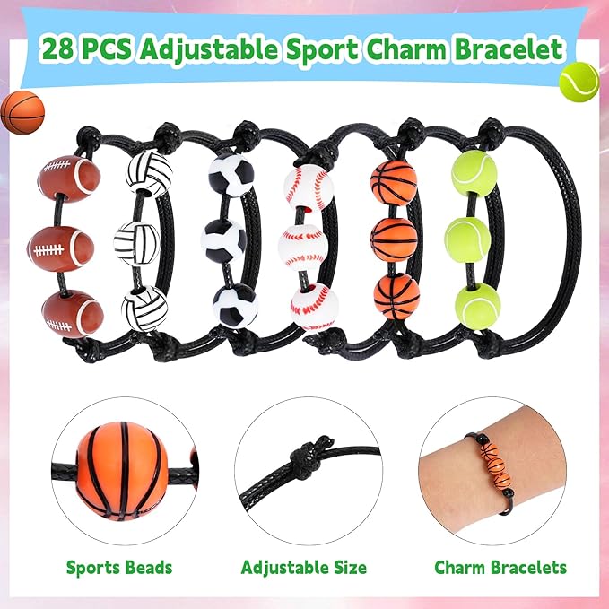 Erweicet Valentines Sports Party Favor 30 PCS Sports Charm Bracelets Adjustable Baseball Soccer Bead Ball Wristbands with Valentines Day Gift Cards for Kids Classroom Gift Exchange