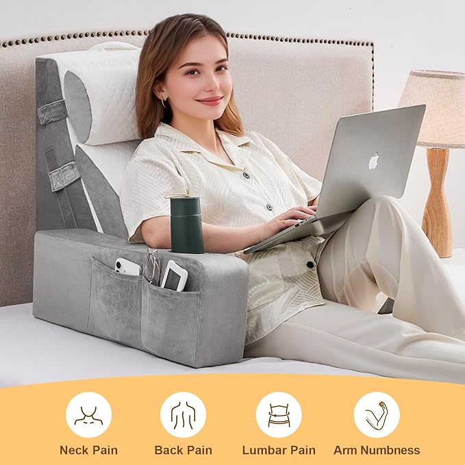 5pcs Reading Pillow for Adults Sitting in Bed – Back Pillow for Bed Sitting Up with Arms, Pockets & Cup Holder, Sit-Up Backrest Pillow for Beds & Chair Use, Beds Rest Pillows for Gaming, Watching TV