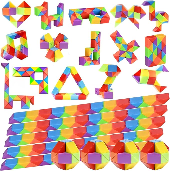 GOLDGE 24 Pack Mini Fidget Snake Cube Puzzle Toys - Party Favors & Goodie Bag Fillers, Travel Toys for Kids Ages 4-8, Rainbow Colors - Bulk Birthday & Back to School Gifts - Stocking Stuffers