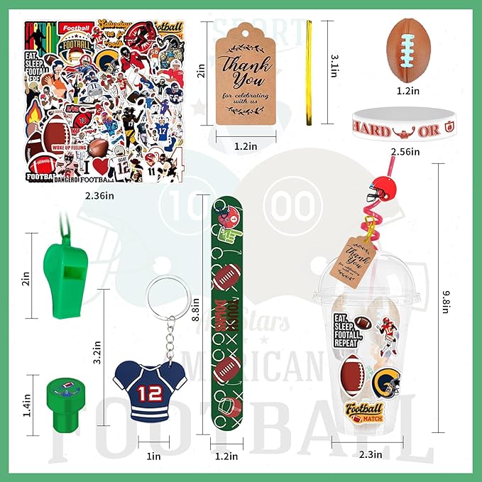 Football Party Favors 170 Pcs Football Birthday Party Decoration With Cups Straws Slap Bracelets Whistles Stress Balls Wristbands Keychains Stamps Stickers Thank you Tags(Football)