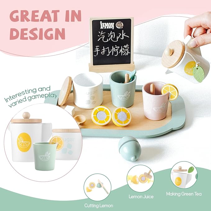 Lemonade Stand for Kids Tea Set Pretend Play Toys Tea Party Set Lemonade Stand Supplies No Assembly Required Non-Toxic Wooden Toys Tea Sets for Toddlers 3-5 Birthday Gift