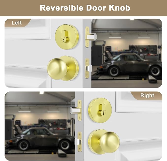 Gold/Brass Passage Door Knob and Deadbolt Set Interior/Exterior Door Knob with Single Cylinder Deadbolt Lock Set