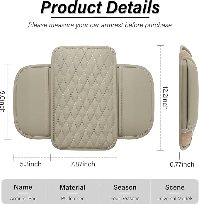 Amiss Car Center Console Cover, Leather Car Armrest Cushion with 2 Storage Pockets, Universal Waterproof Cushion Pad, Non-Slip Car Interior Accessories, Fits Most Sedans SUVs Trucks (Light Beige)