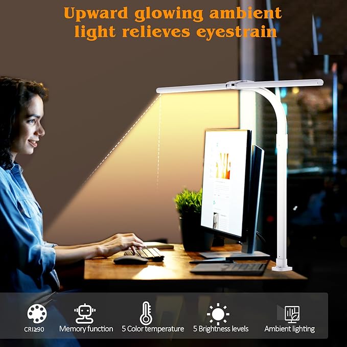 Led Desk Lamp for Home Office,24W Bright Eye-Caring Desk Light with Clamp,5 brightness and 5 temperatures Dimmable Workbench Task Light, Adjustable Gooseneck Table Lamp for Monitor Study(white)
