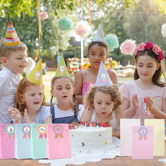 Leinuosen 248 Pcs School Supplies for Kids Classroom Include 200 Happy Birthday Badge Stickers Roll 24 Birthday Bracelets and 24 Rainbow Paper Gift Bag for Teacher Student Birthday Decor (Fresh Color)