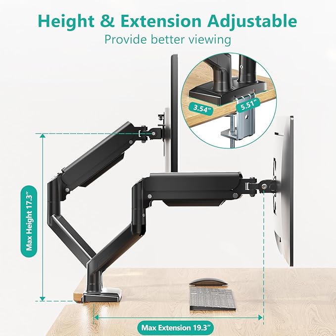 WALI Dual Monitor Stand for 17-32 inch Computer Screens, Dual Monitor Arms for 2 Monitors Holds up to 22 lbs, Height Adjustable Gas Spring Dual Monitors Mount, VESA 75x75/100x100mm (GSMP002N), Black