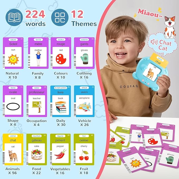 French & English Talking Flash Cards for Toddler 1-6 Year Olds, Learning Montessori Toys with 224 Sight Words, Speech Therapy Toys, Children's Sensory Preschool Learning Educational Birthday Gifts