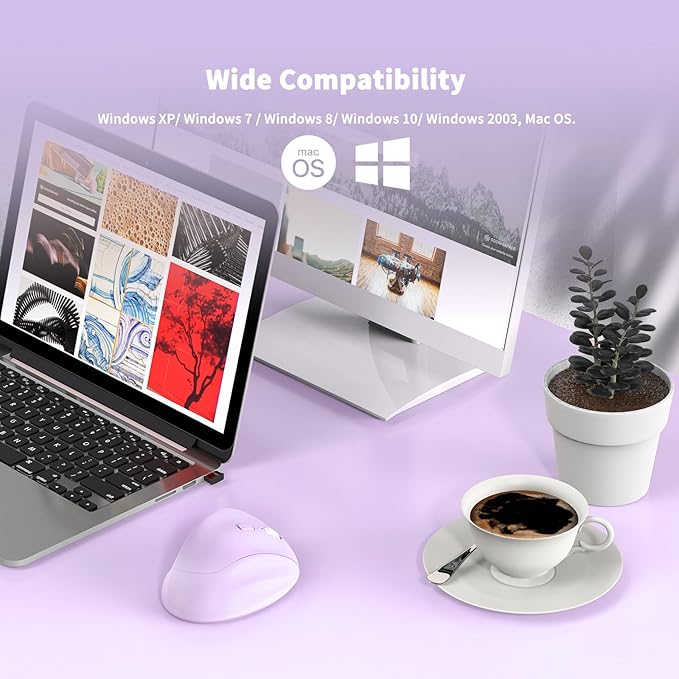 Ergonomic Wireless Mouse with USB Receiver for PC Computer, Laptop and Desktop, Ergo Mouse Vertical with Silent Clicks Long Battery Life, Up to 1600 DPI & 1 AA Battery Powered, Purple