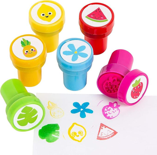 Fun Express Bright Colors Fun Fruit Plastic Stampers - Birthday Decorations Assorted Stamp Set for Classroom Party Educational Learning - 24 Pieces