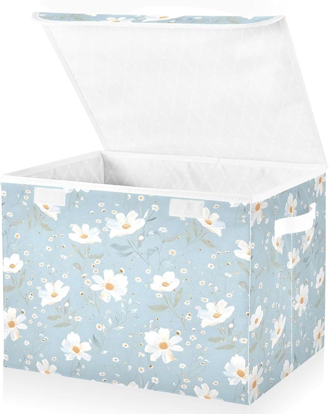 senya Large Storage Bins with Linen Collapsible Foldable Storage Cubes Fabric Closet Organizer Containers box with Flip-Top Lid for Home Bedroom Office 16.7 x 12.6 x 11.8in (White Flowers)