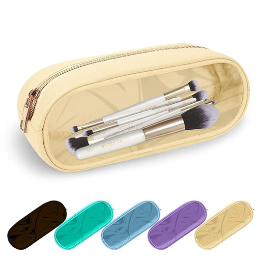 UIXIZQ Clear Small Pencil Pouch Makeup Bag for Purse,Nylon&PVC Pencil Case Waterproof Makeup Brush Holder with Zipper,Preppy Transparent Pen Bag Travel Cosmetic Bag for Women Men Office(Slim-Beige)