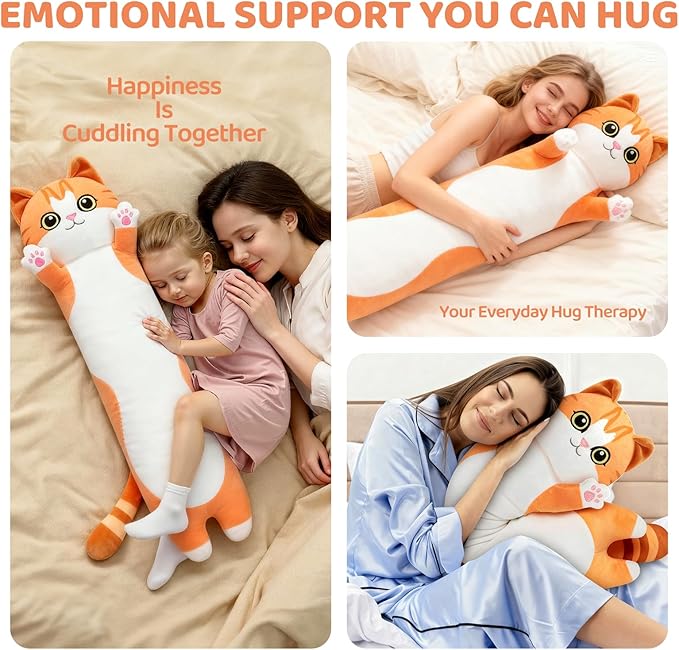 Mewaii Artist-Designed Ultra Soft Long Cat Plush Body Pillow, Extra Stuffing for Comfort, Premium Quality Stuffed Animal Gift for Girlfriend or Cat Lovers (Orange M-Marked Body Pillow 20 Inch)