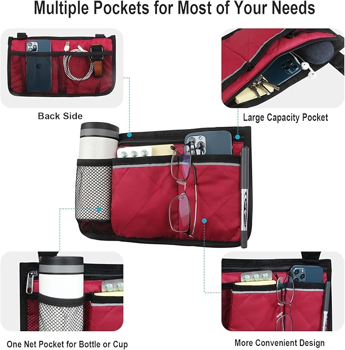 Wheelchair Side Bag, Armrest Storage Pouch with Cup Holder and Reflective Strip for Wheelchairs, Walkers or Rollators (Red)