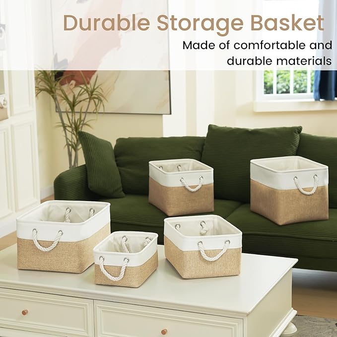 VQRTEXA Storage Baskets for Shelves 11.8x7.9x5.2 Inch, Foldable Fabric Storage Bins with Handles, Small Storage Baskets for Organizing Closet, Bathroom, Office, Home Organization (1-Pack, White&Khaki)