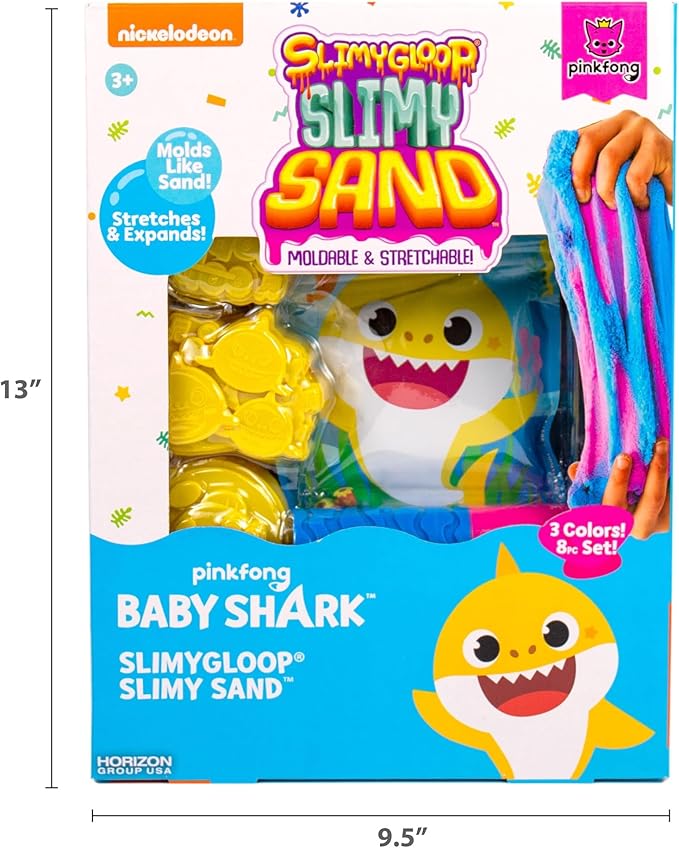 Horizon Group USA Baby Shark SLIMYGLOOP Slimy Sand, Includes 15 Oz. Stretchable, Moldable, Expandable Non-Stick Slimy Play Sand in 3, 3 Molds & 2 Impression Rollers Included