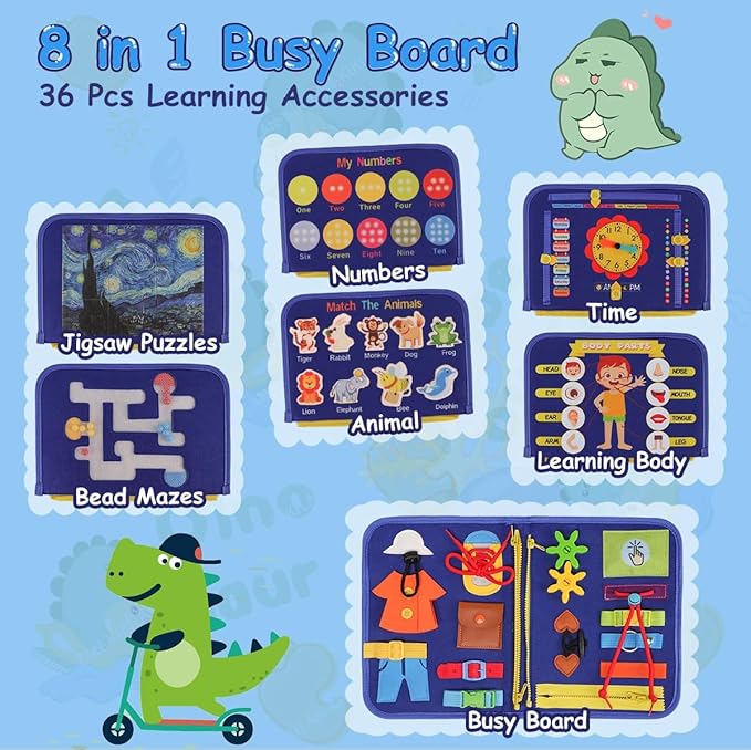 8 in 1 Busy Board for Toddlers 1 2 3 4 Busy Book Toddlers 1-3, Airplane Travel Essential Toys Games Road Trip Activities Book, Puzzles Game, Montessori Fine motor Skills Autism Toys(Dinosaur)