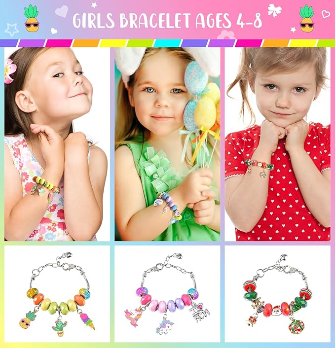 BDBKYWY Girls Charm Bracelet Making Kit - Kids Unicorn Jewelry Supplies Make Set DIY Art Craft Set Birthday Gifts for 3 4 5 6 7 8 Year Old Girl Toys Age 6-8