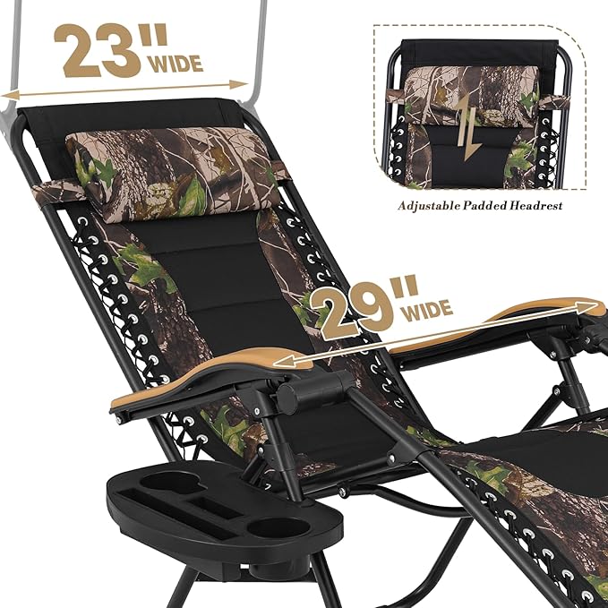 Athena Collection Zero Gravity Outdoor Lounge Chair Set of 2 with Canopy Shade, 29" Width Pool Lounge Lawn Chairs Reclining with Cup Holder, Outdoor Chaise for Beach Patio Outside, Jungle