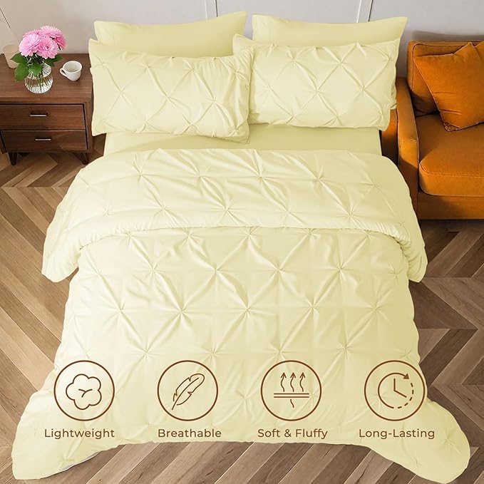 Sasttie King Size Comforter Set, 7-Piece Bed in a Bag, Pintuck Bedding Set for All Season, Includes Comforter, Flat Sheet, Fitted Sheet, Pillowcases and Pillowshams, Cream Yellow