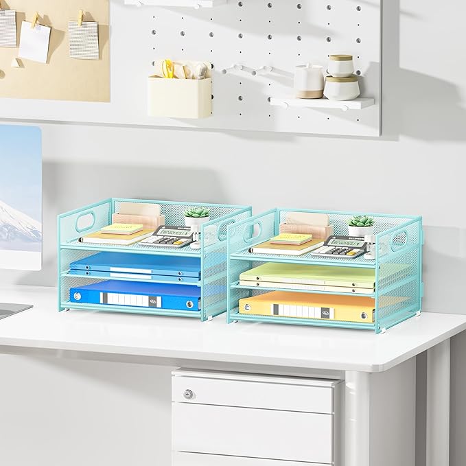 Subekyu 2-Pack 3-Tier Blue Metal Mesh Desk Paper Letter Tray & File Sorter Organizer with Handle + 1 Sliding Tray for Desk, Home, Office, School Supplies, A4 Paper and Accessories Storage