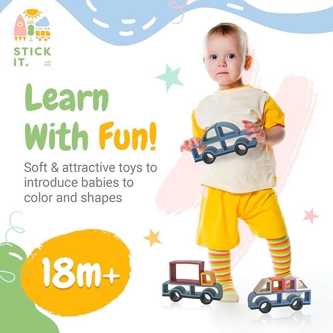 Stick It Montessori Food Grade Silicone Stacking Vehicles, 14 Pcs Toddler Baby Building Blocks Teether Educational Open Ended Shapes STEM Toy, 18+ Months (Car)