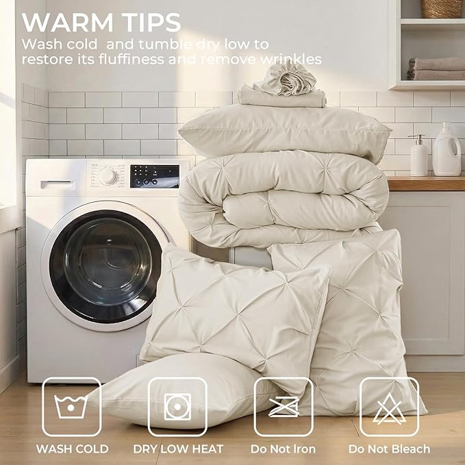 Sasttie Twin Comforter Set, 5-Piece Bed in a Bag, Pintuck Bedding Sets for All Season, Includes Comforter, Flat Sheet, Fitted Sheet, Pillowcase and Pillowsham, Beige