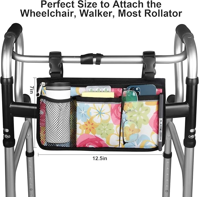 Wheelchair Side Bag, Upgrade Flower Color Wheelchair Armrest Storage Pouch with Cup Holder and Reflective Strip, Made with Waterproof Fabric, for Most Wheelchairs, Walkers and Rollators (Flower Color)