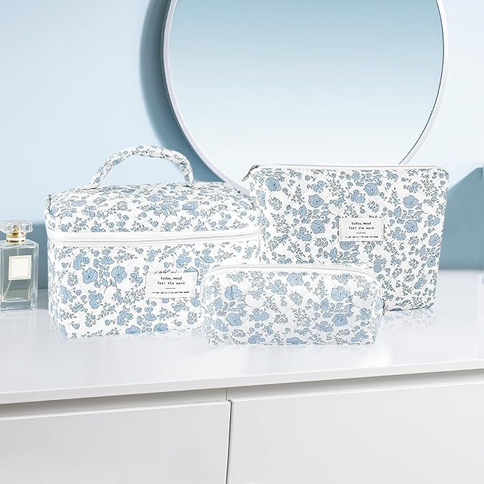 URSKYTOUS 3Pcs Makeup Bag Quilted Cosmetic Bag Set Bow Travel Large Makeup Pouch for Women Cute Portable Cotton Toiletry Bag Skincare Organizer Coquette Vintage Travel Essential