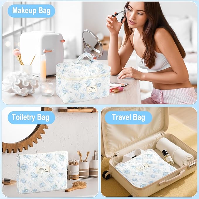 URSKYTOUS 3Pcs Cotton Quilted Makeup Bag for Women Girls Large Small Travel Floral Cosmetic Bags Set Cute Coquette Zipper Makeup Pouch for Purse Aesthetic Cloth Flower Storage Toiletry Bag Organizer