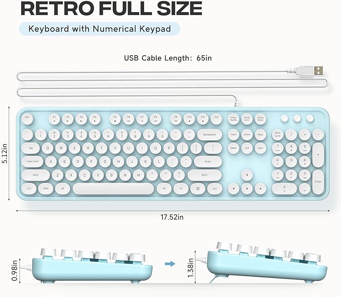 Computer Keyboard Wired, Plug and Play USB Retro Round Typewriter Keyboard, Full Size Wired Keyboard with Foldable Stands for Laptop and Office PC- Blue&White Colorful
