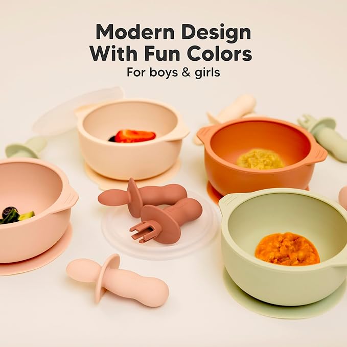 KeaBabies 4-Pack Silicone Baby Spoons and Forks Set - Baby Spoon Self Feeding, BLW Baby Utensils 6-12 Months, Baby Led Weaning Feeding Spoon,Teething Infant Baby First Food Training Spoon (Terracotta)