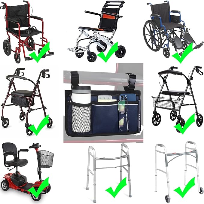 Wheelchair Side Bag, Armrest Storage Pouch with Cup Holder and Reflective Strip Use of Waterproof Fabric, for Most Wheelchairs, Walkers or Rollators (Blue)