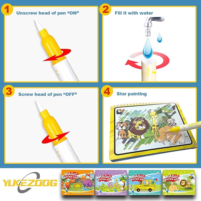 4 Pack Water Drawing Book,Water Coloring & Doodle Book,Reusable Water Reveal Activity Books for Kid,Painting Color Wonder Coloring Books,Gift for Girl & Boy for 3 4 5 6 7 Year Old