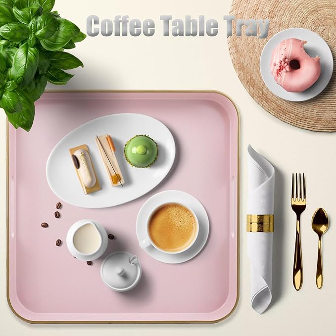 Omuriko Pink Square Decorative Tray with Handles, 13"*13" Versatile Serving Tray for Coffee Table, Ottoman, Ideal for Serving, Displaying, Organizing