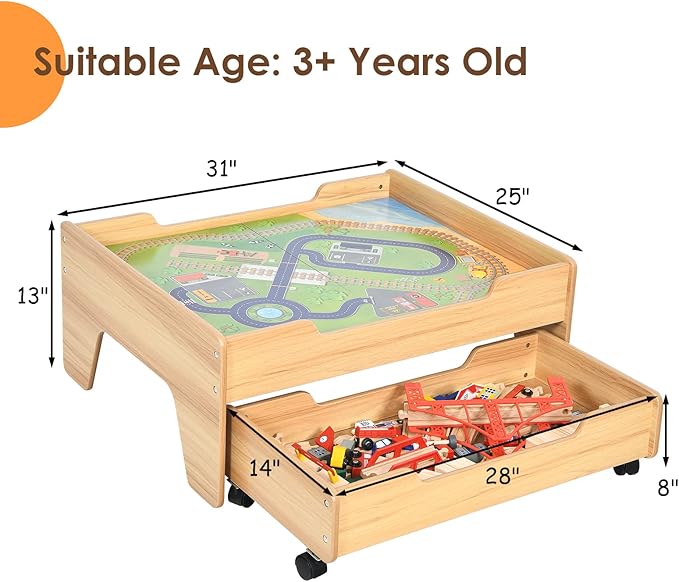 HONEY JOY Train Table, Wooden Kids Activity Table with Storage Drawer, 100 Multicolor Pieces, Tracks, Trains, Cars, Toddler Train Table Set, Gift for Boys Girls Age 3+, Natural