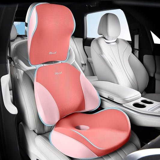 FLORICH Car Seat Cushion & Lumbar Support Pillow & Car Neck Pillow Ergonomic and 100% Memory Foam, Upgraded Larger and Breathable Car Seat Cushion & Back Support Pillow - Pink