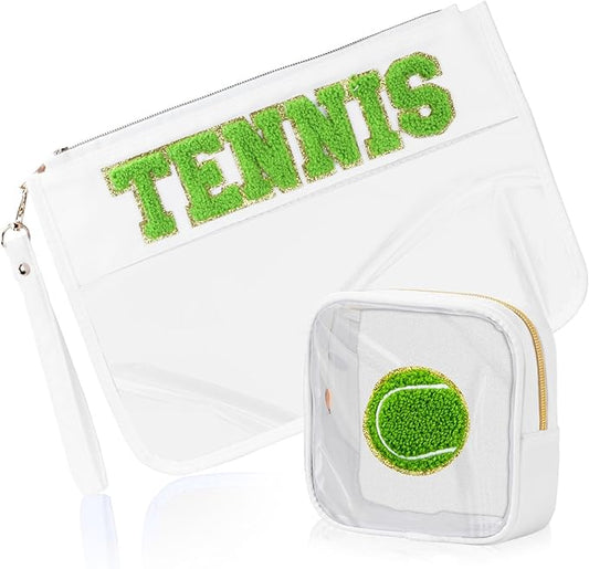 BuyCard 2 Pcs Tennis Gifts Cosmetic Makeup Bag with Chenille Letter Patch, Clear Pouch PVC Organizer Purse, Waterproof Travel Bag, Portable Toiletry Storage Bag for Her Girls Friends Women
