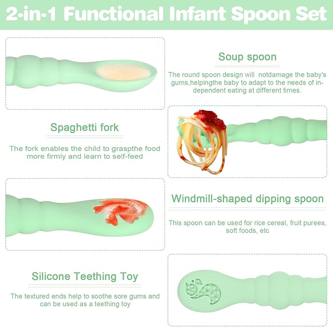 Silicone Baby Spoons Self Feeding 6+ Months 3PCS Toddler Forks and Spoons Utensils Baby Led Weaning Teething Spoon Infant Spoons First Stage Newborn Baby Essentials Baby Gifts(Green)