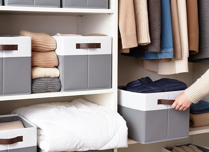 Cupic Cupid Storage Bins Closet, Fabric Closet Organizers and Storage, 6-Pack Baskets for Organizing, Large Storage Boxes with Handles for Clothes and Toys, Gray and White