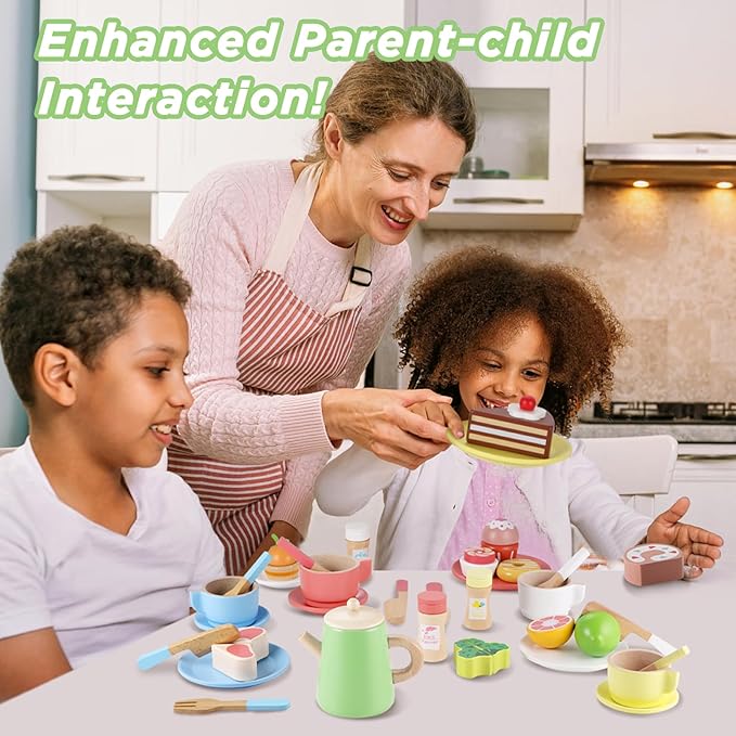 GAGAKU Wooden Tea Set and Wooden Play Dishes 2 in 1 Play Food Set Toy 28 PCS Montessori Wooden Play Kitchen Accessories Kitchen Toy for Toddlers Wooden Play Cooking Set for 3-8 Years Girls and Boys