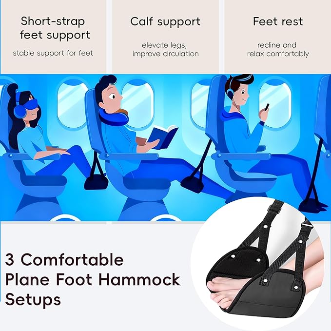 Foot Hammock for Plane Travel, Airplane Foot Hammock, Adjustable Foot Rest Sling, Airplane Gadgets Travel Essentials for Long Time Flight (Black)