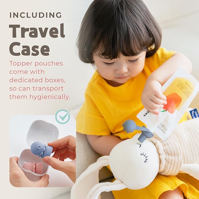 Octopus | Blue, Pink | SoftSip Food Pouch Toppper | 2EA + Travel Case | Prevent Spills & Leakage | Protect Child Baby Toddler Mouth | Food Grade Silicone Reusable | Baby Led Weaning | BPA Free