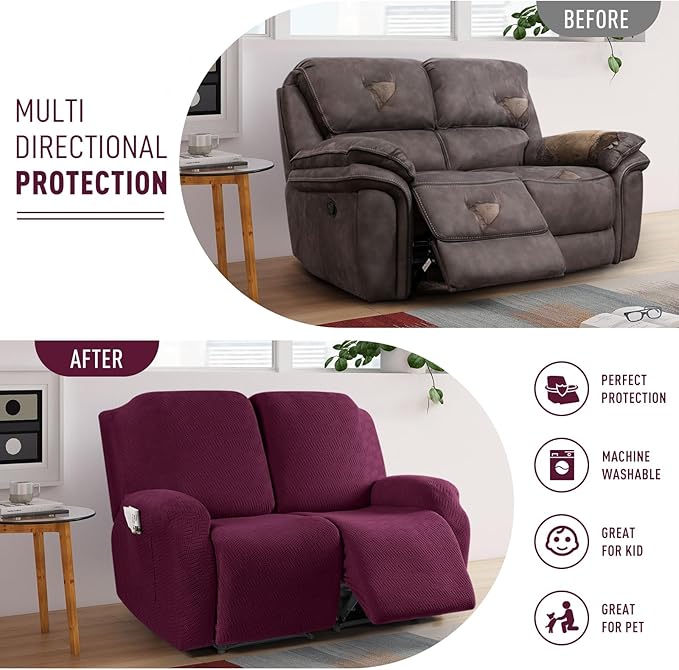 KinCam Recliner Covers, Stretch Reclining Chair Covers, Recliner Sofa Slipcovers Stripe Jacquard Recliner Couch Covers Furniture Protector Covers for Pet Kid (2 Seater, Wine)