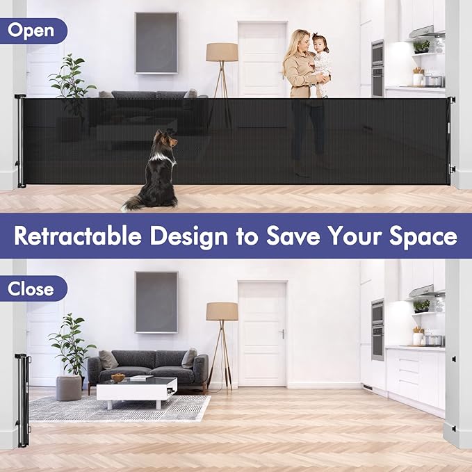 145 Inch Extra Wide Baby Gate for Extra Wide Openings Retractable Baby Gates for Doorways Outdoor Pet Gates for Dogs Indoor Large Baby Gate Retractable Gate Adjustable Large Dog Gate for Stairs, Black