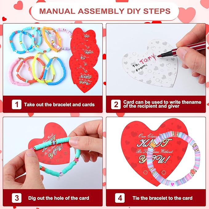 32 Sets Valentines Bracelets with Cards Student Valentines Favors from Teacher Our Class Would Knot Be the Same Without You Adjustable Stretch Beaded Friendship Bracelet Classroom Gifts